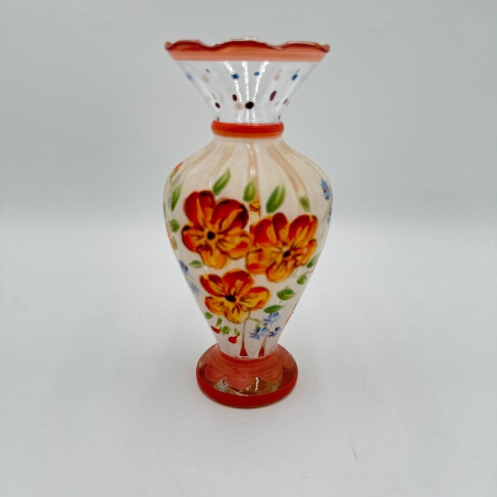 Tracy Porter Hand Painted Clear Blown Glass Bud Vase Floral Flowers Ruffled Edge